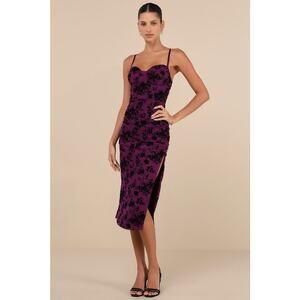 LULU'S NWT Decadent Flirt Purple Mesh Velvet Ruched Bodycon Midi Dress Size XL